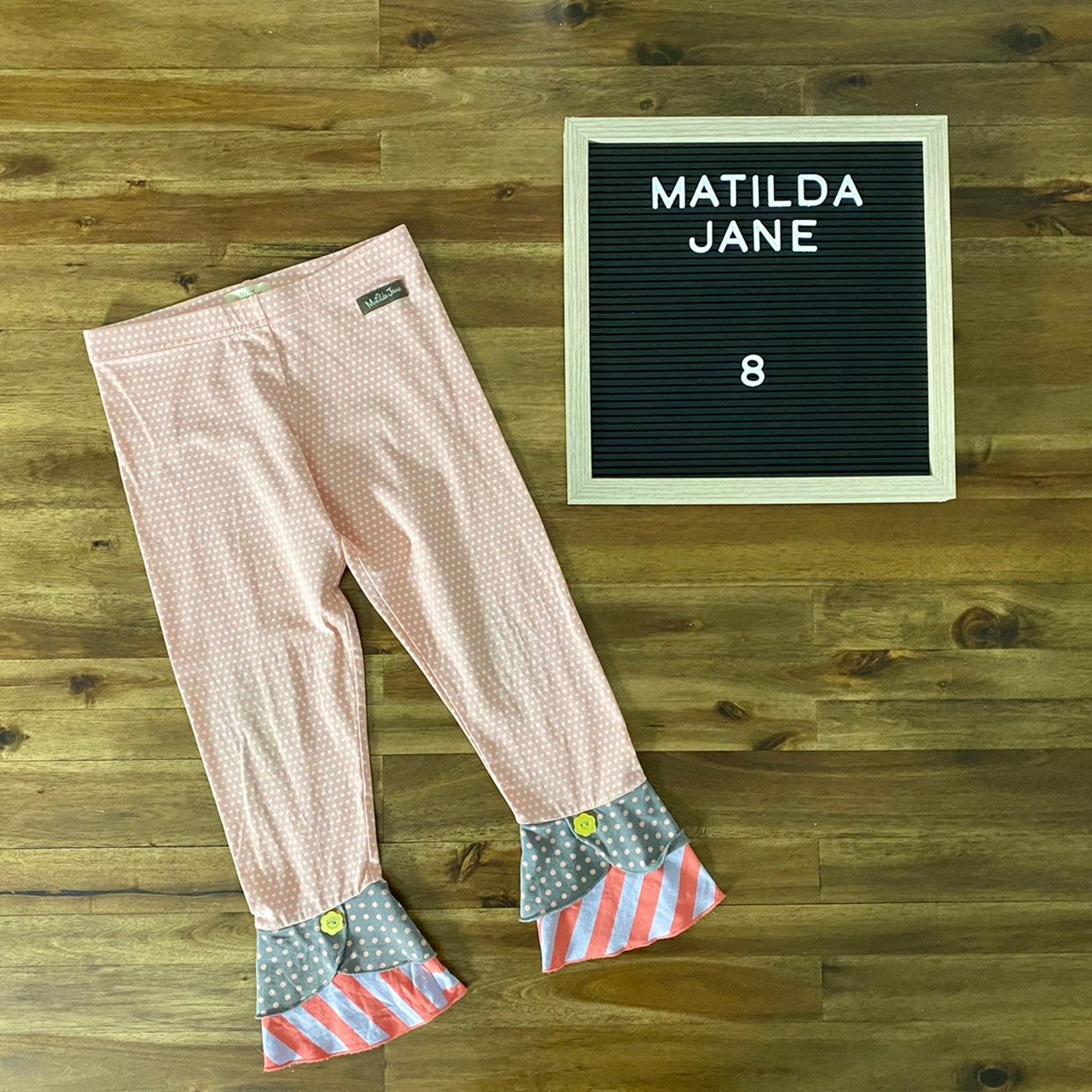 Matilda Jane Friends Forever Pink Gray Polka Dot Alden Scrappy Knit Leggings 8